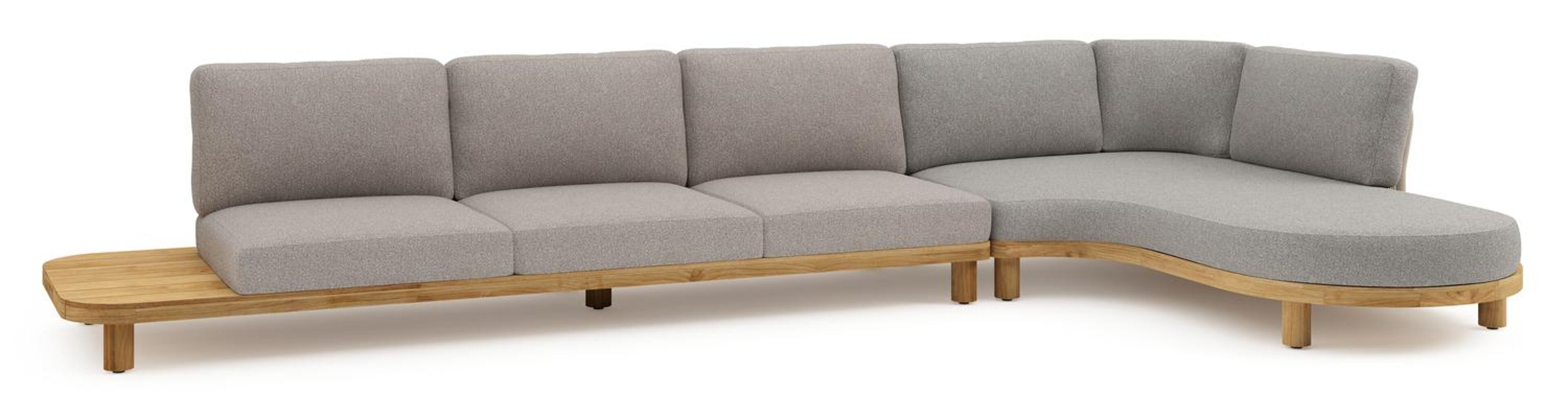 Donato loungehoek in teak en beige verticaal geweven ronde rope met all weather sunbrella® luxe Tundra Charcoal kussen