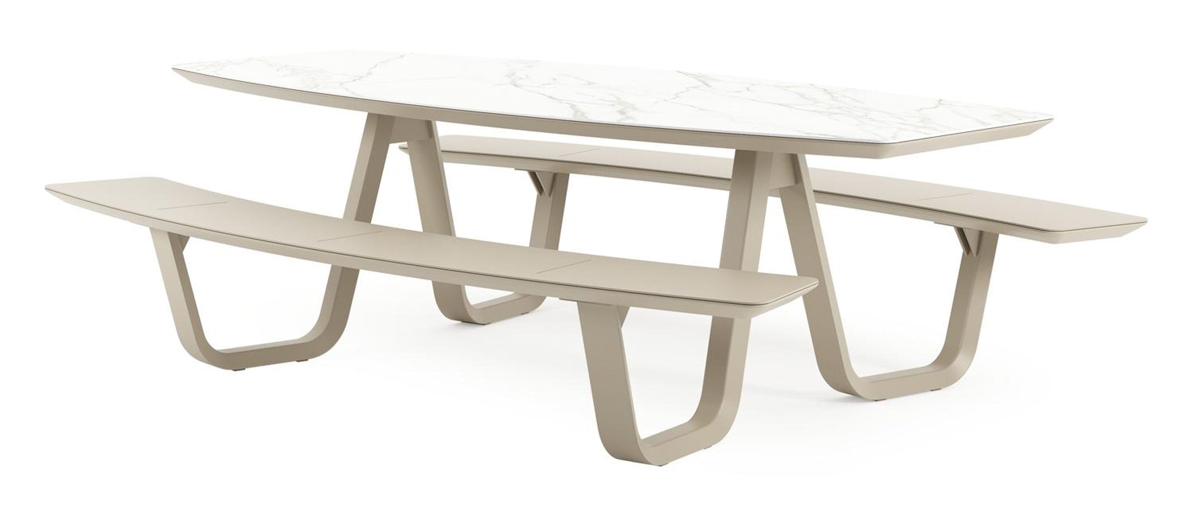 Table de pique-nique Forno forme de bateau forme de bateau en aluminium beige et céramique pleine Calacatta - Lg. 240 x Lrg. 181 x Haut. 72 cm