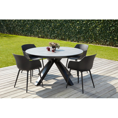 Tora tuinset in zwart aluminium en grijs keramische print tafelblad met 4 Paco tuinstoelen