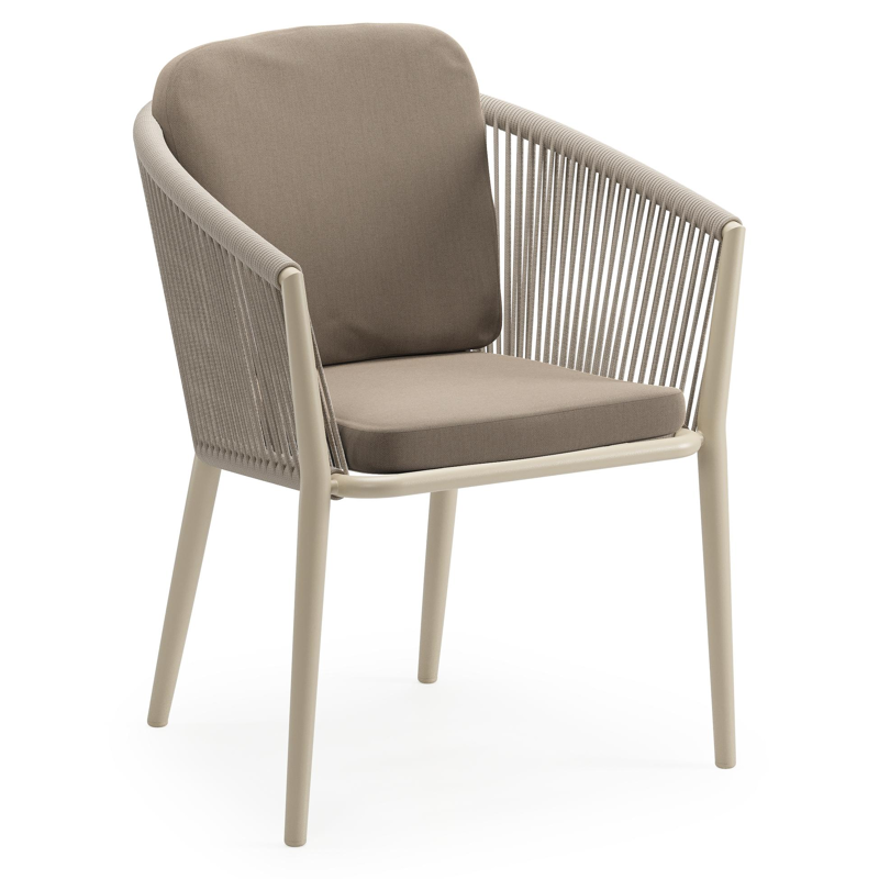 Orso tuinstoel in beige aluminium en beige verticaal geweven ronde rope met luxe zitkussen in All Weather Sunbrella® Luxe Natte Heather Grey