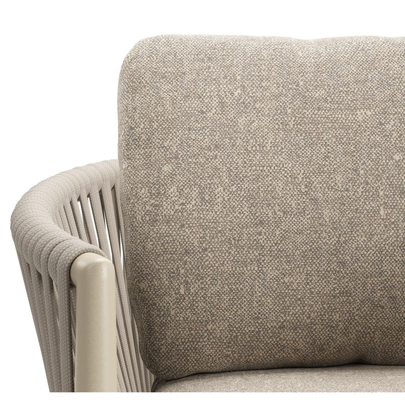 Chaise de jardin Organo en aluminium beige et corde luxe plate beige tissée verticalement avec coussin en All Weather Sunbrella® Luxe Chartres Pewter