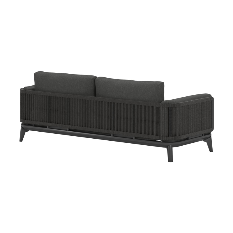 Mosa loungeset in zwart aluminium en zwart gedraaide ronde wicker met sky black weather+ softtouch kussens en loungetafel