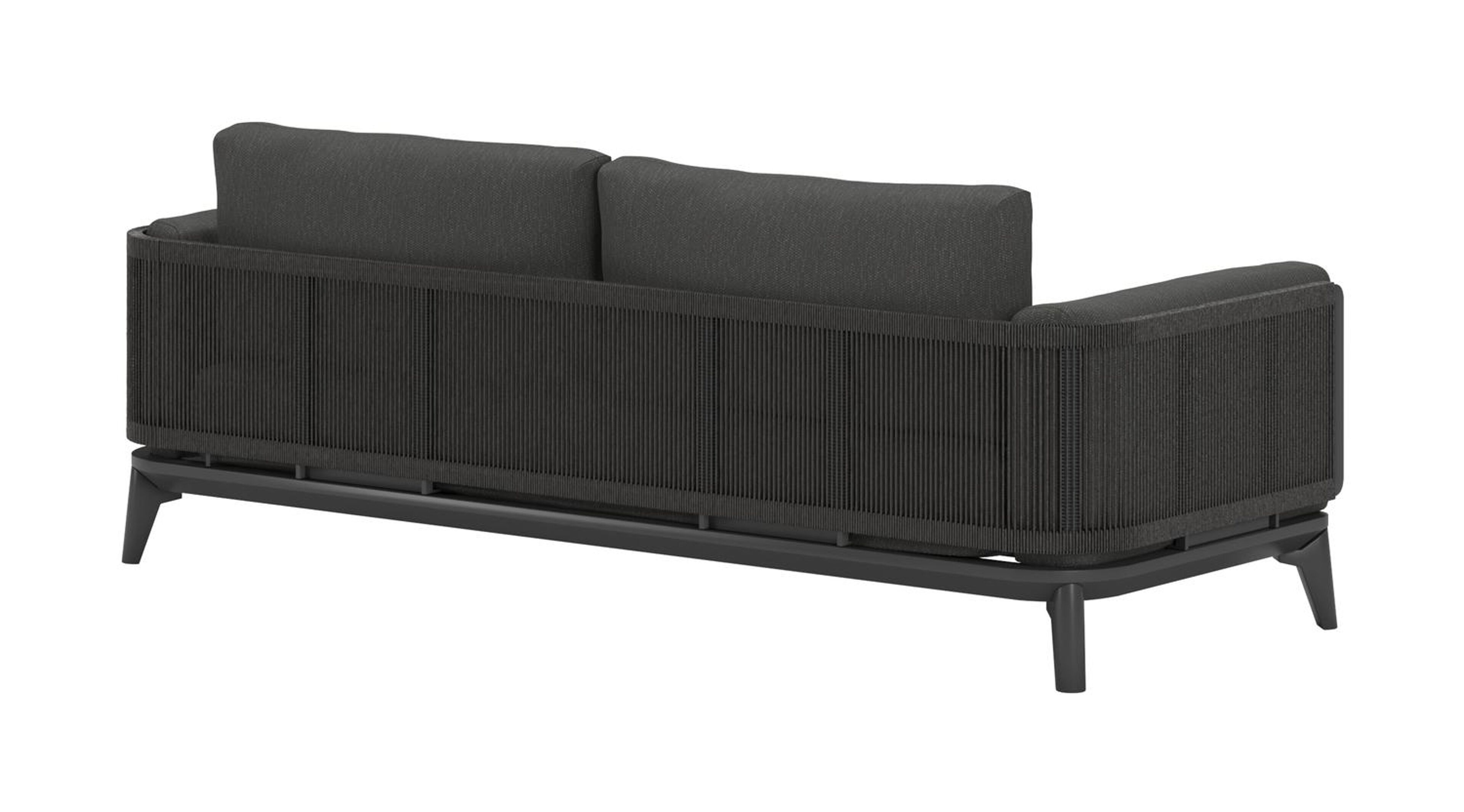 Mosa loungeset in zwart aluminium en zwart gedraaide ronde wicker met sky black weather+ softtouch kussens en loungetafel