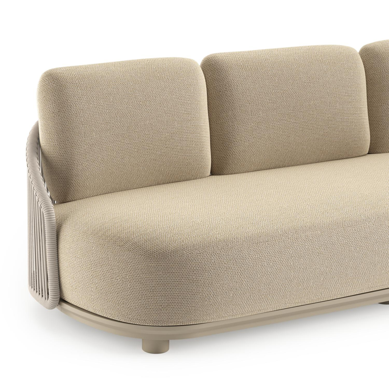 Canapé de jardin Vadelo en aluminium beige et corde ronde tissée verticalement beige et coussins en all weather cosytica althea camel