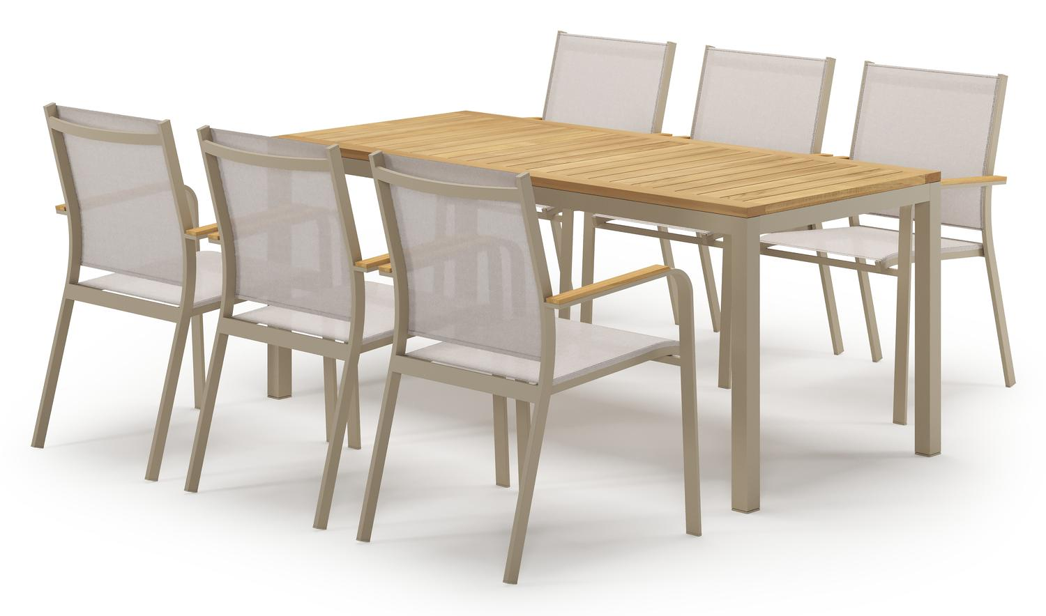Feltro tuinset in beige aluminium en teak met 6 stapelbare Amalfi tuinstoelen