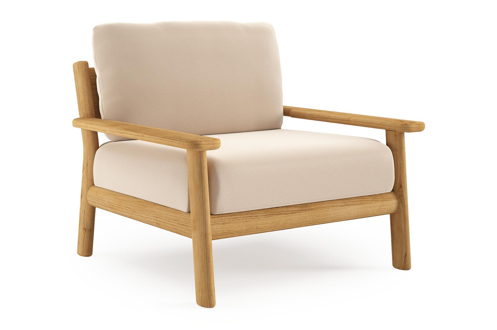 Amaro loungestoel in teak met natte linen chalk all weather sunbrella® luxe kussen