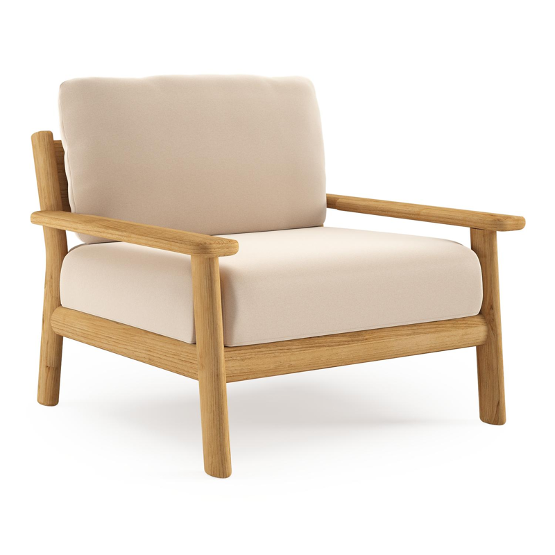 Amaro loungestoel in teak met natte linen chalk all weather sunbrella® luxe kussen