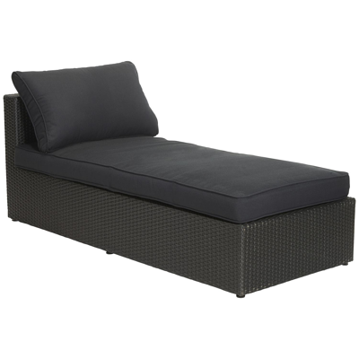 Chaise longue lounge Amari en resine tressee noir avec coussins en polyester 