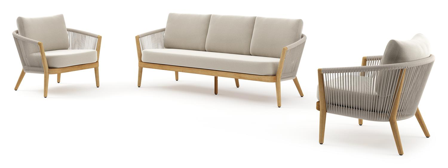 Orso loungeset in teak en rope met lopi marble All Weather Sunbrella® Luxe kussens en loungetafel