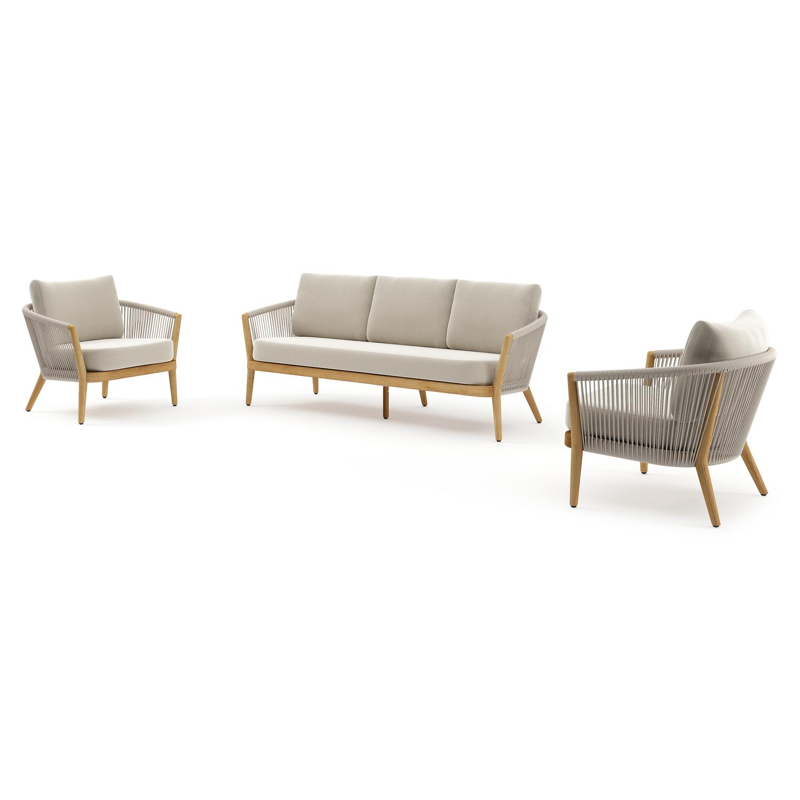 Orso loungeset in teak en rope met lopi marble All Weather Sunbrella® Luxe kussens en loungetafel