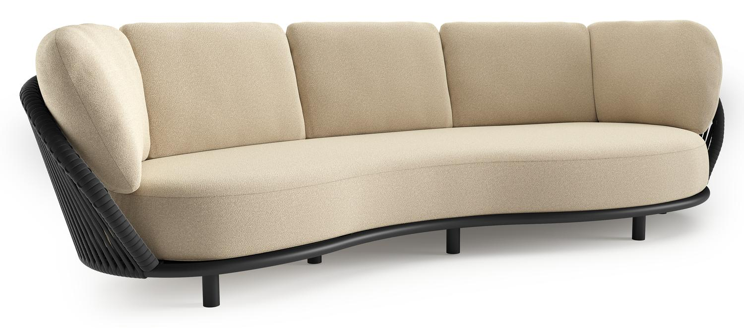 Lupino loungebank in zwart aluminium en zwart verticaal geweven luxe vlakke brede rope met soul papyrus all weather solica kussen