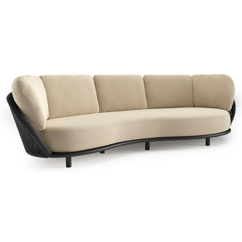 Lupino loungebank in zwart aluminium en zwart verticaal geweven luxe vlakke brede rope met soul papyrus all weather solica kussen