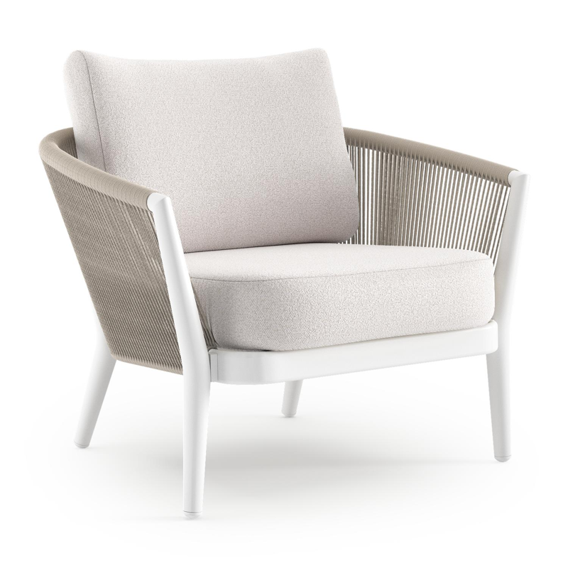 Fauteuil de jardin Orso en aluminium blanc en corde ronde tissée verticalement beige et coussins en all weather solica Ego Eggshell