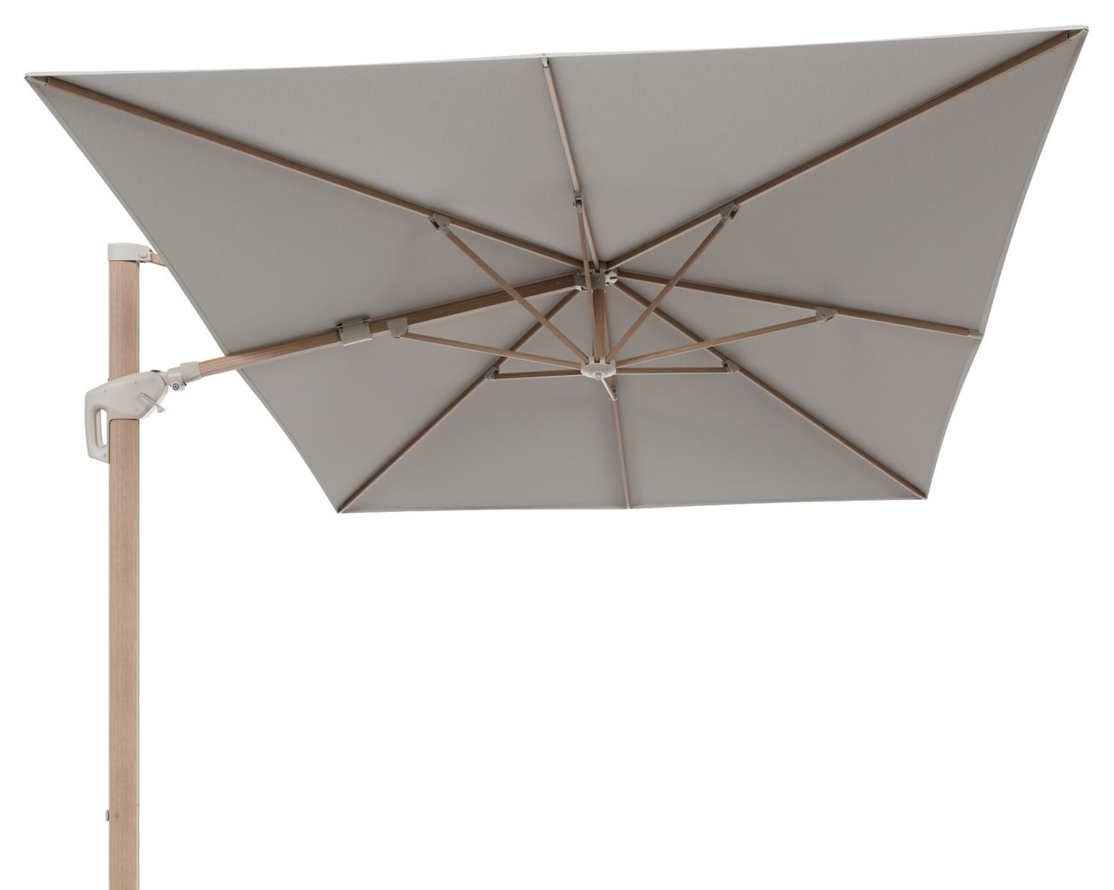 Minore zweefparasol met tiltfunctie in houtlook aluminium en Lopi Marble All Weather Sunbrella® Luxe parasoldoek - L1: 400 x L2: 300 cm (zonder voet)