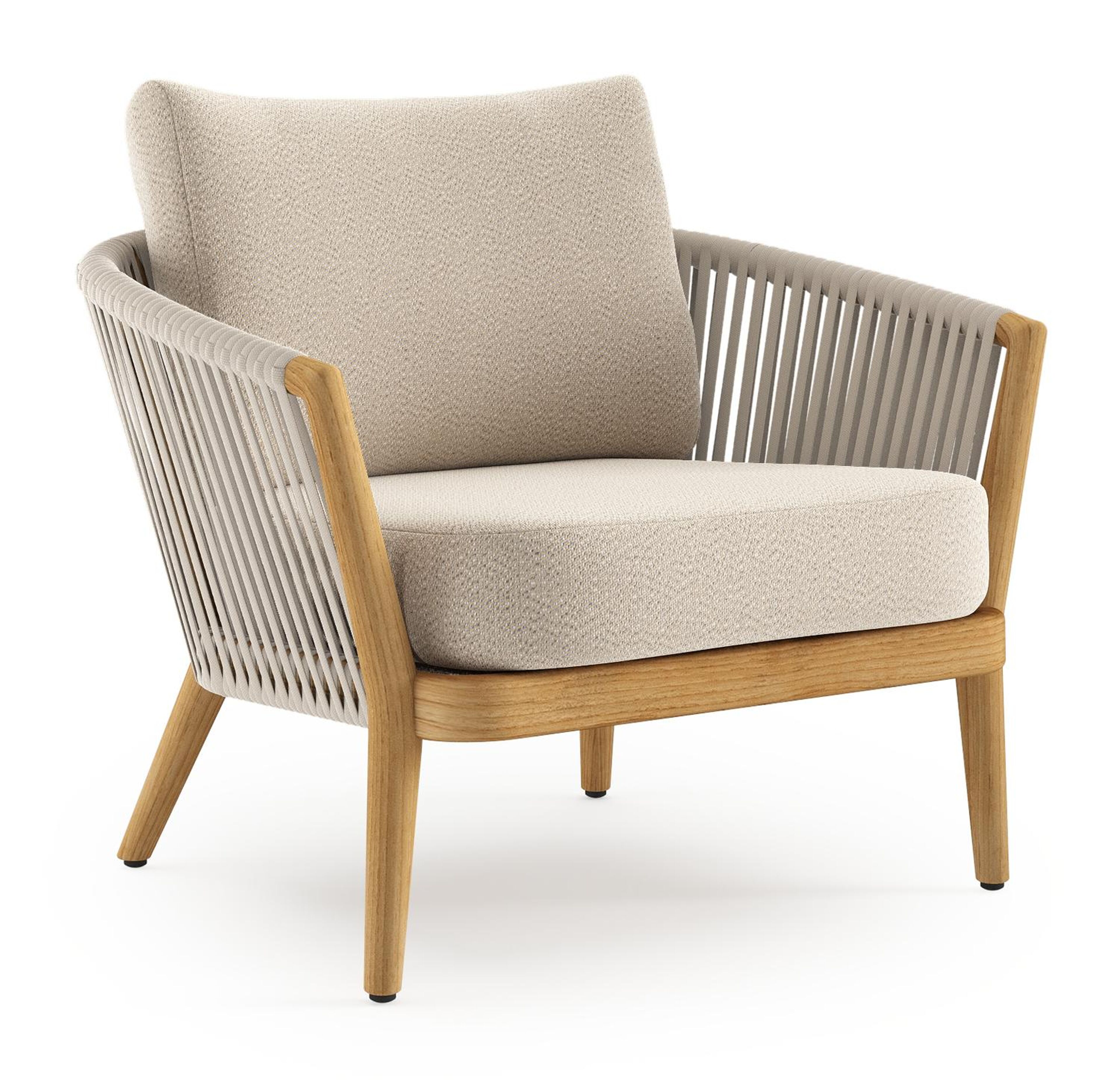 Fauteuil de jardin Orso en tecken corde luxe plate tissée verticalement beige et coussins en all weather sunbrella® luxe Lopi Sand