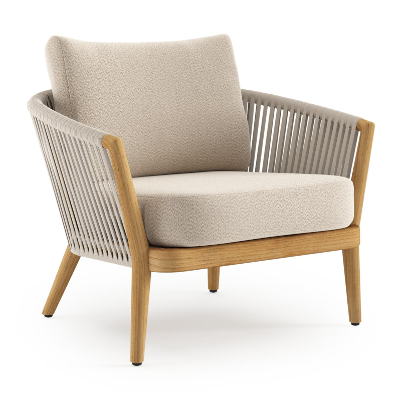 Fauteuil de jardin Orso en tecken corde luxe plate tissée verticalement beige et coussins en all weather sunbrella® luxe Lopi Sand