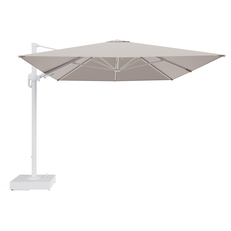 Rufina zweefparasol met tiltfunctie in wit aluminium en Wander Pilat All Weather Sunbrella® Luxe parasoldoek - L1 400 x L2 300 cm met parasolvoet Minore 150 kg met wielen