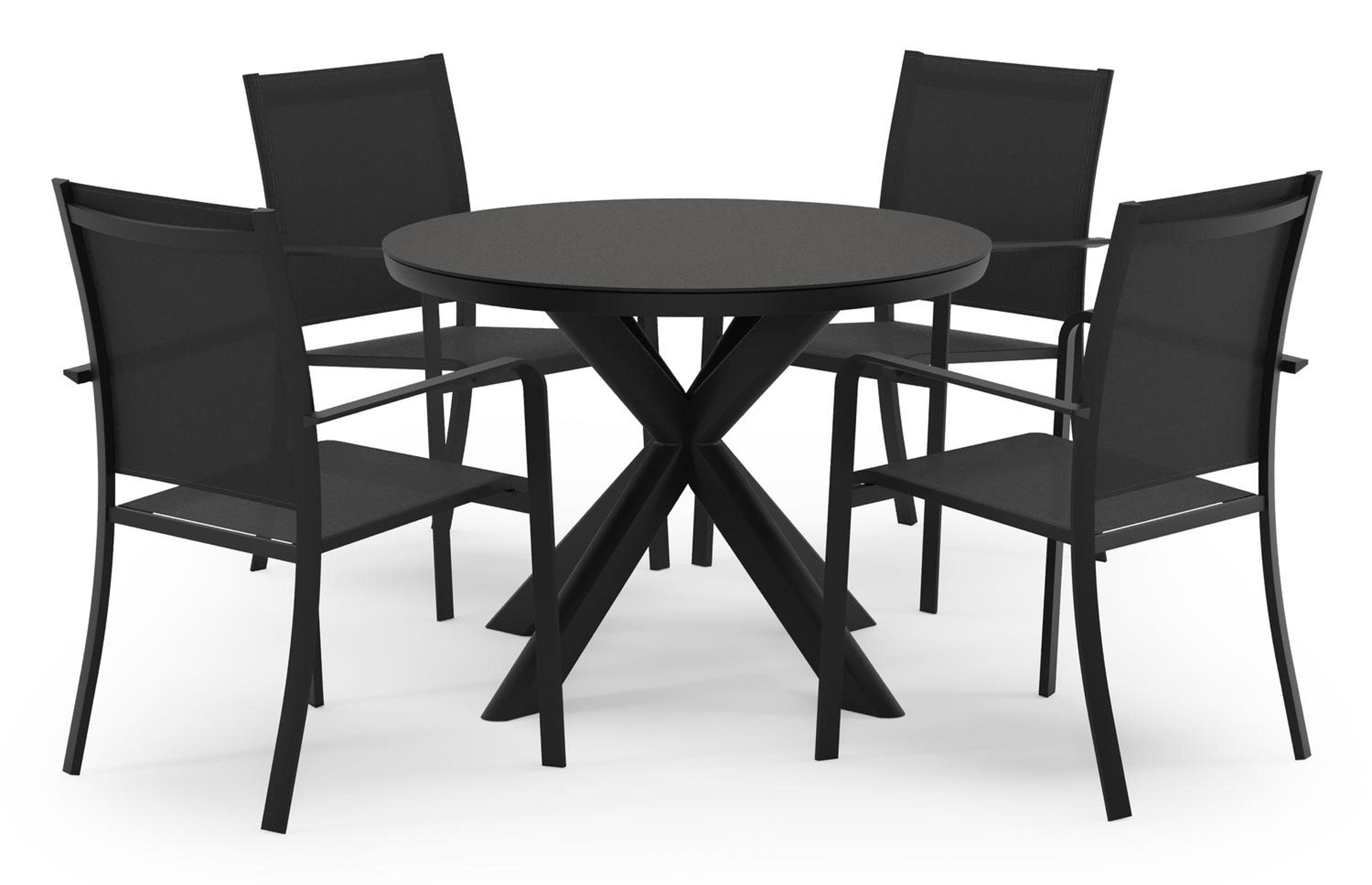 Pamplona ronde tuinset in zwart aluminium en sintered stone notte minerale met 4 Calobra tuinstoelen