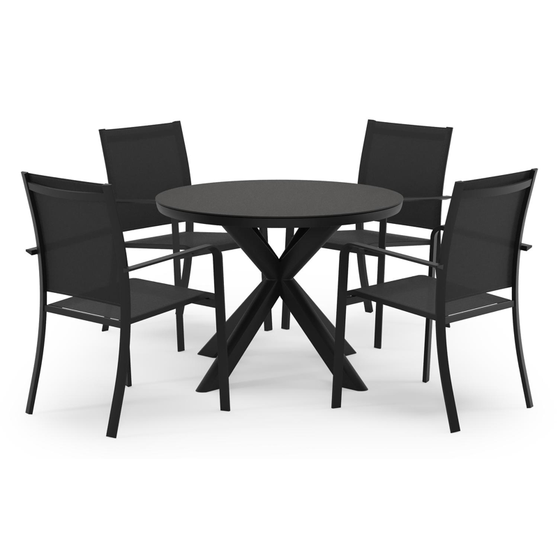Pamplona ronde tuinset in zwart aluminium en sintered stone notte minerale met 4 Calobra tuinstoelen