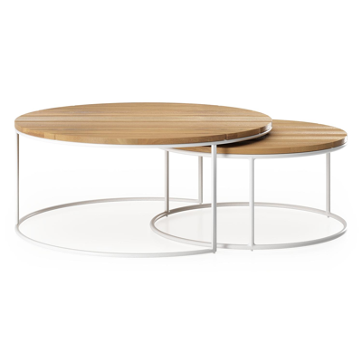 FANO SET VAN 2 ZIJTAFELS WIT DIA .85CM EN 65CM + TEAK TOP BARONE