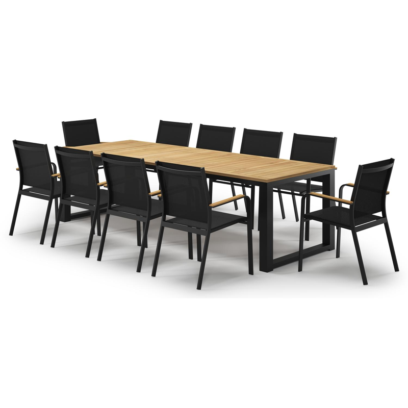 Ensemble de jardin Livo en aluminium noir et teck avec 10 chaises de jardin Amalfi