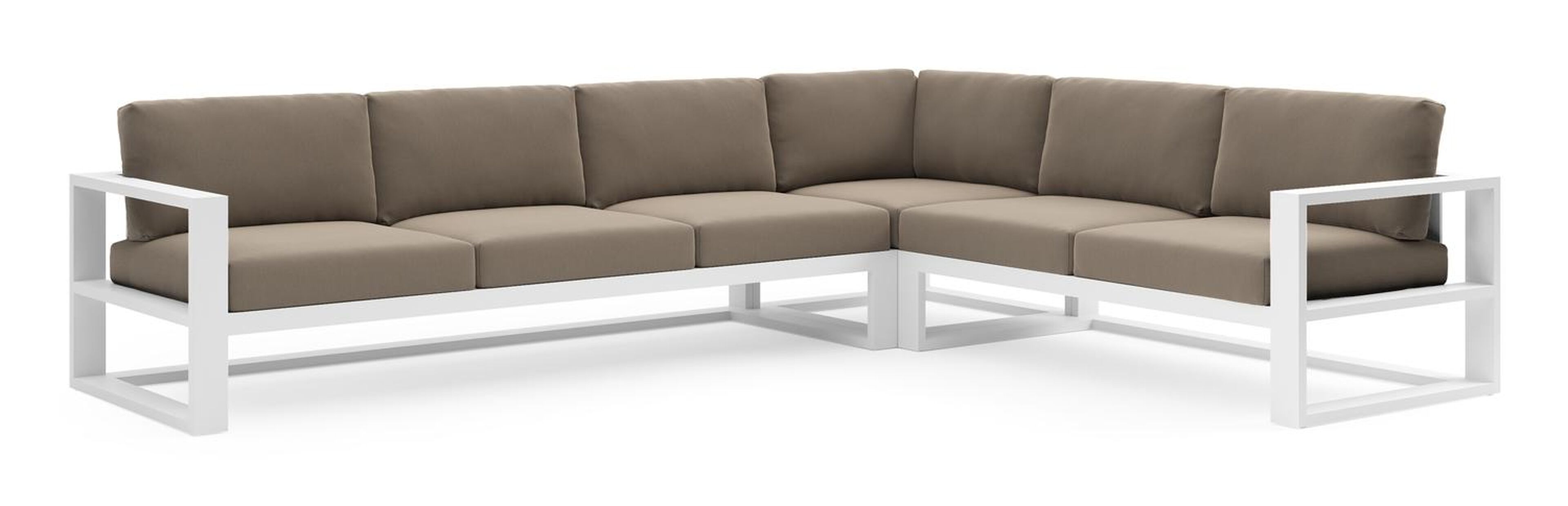 Verato loungehoek in wit aluminium met natte heather grey all weather sunbrella® luxe kussen