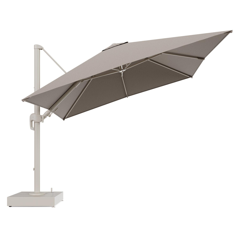 Rufina zweefparasol met tiltfunctie in beige aluminium en Firenze Earth All Weather Solica parasoldoek - L1 300 x L2 300 cm met parasolvoet Minore 150 kg met wielen