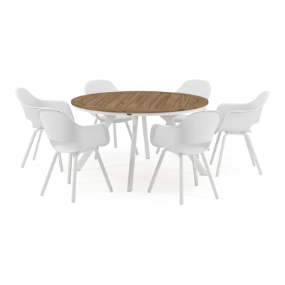 Ensemble de jardin Viaro en aluminium blanc avec plateau de table en teck naturel et 6 chaises de jardin Artena