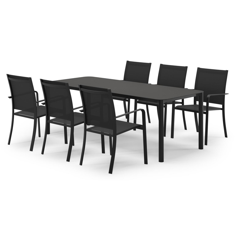 Mira ensemble de jardin rectangulaire arrondi en aluminium noir en sintered stone notte minerale avec 6 chaises de jardin Calobra