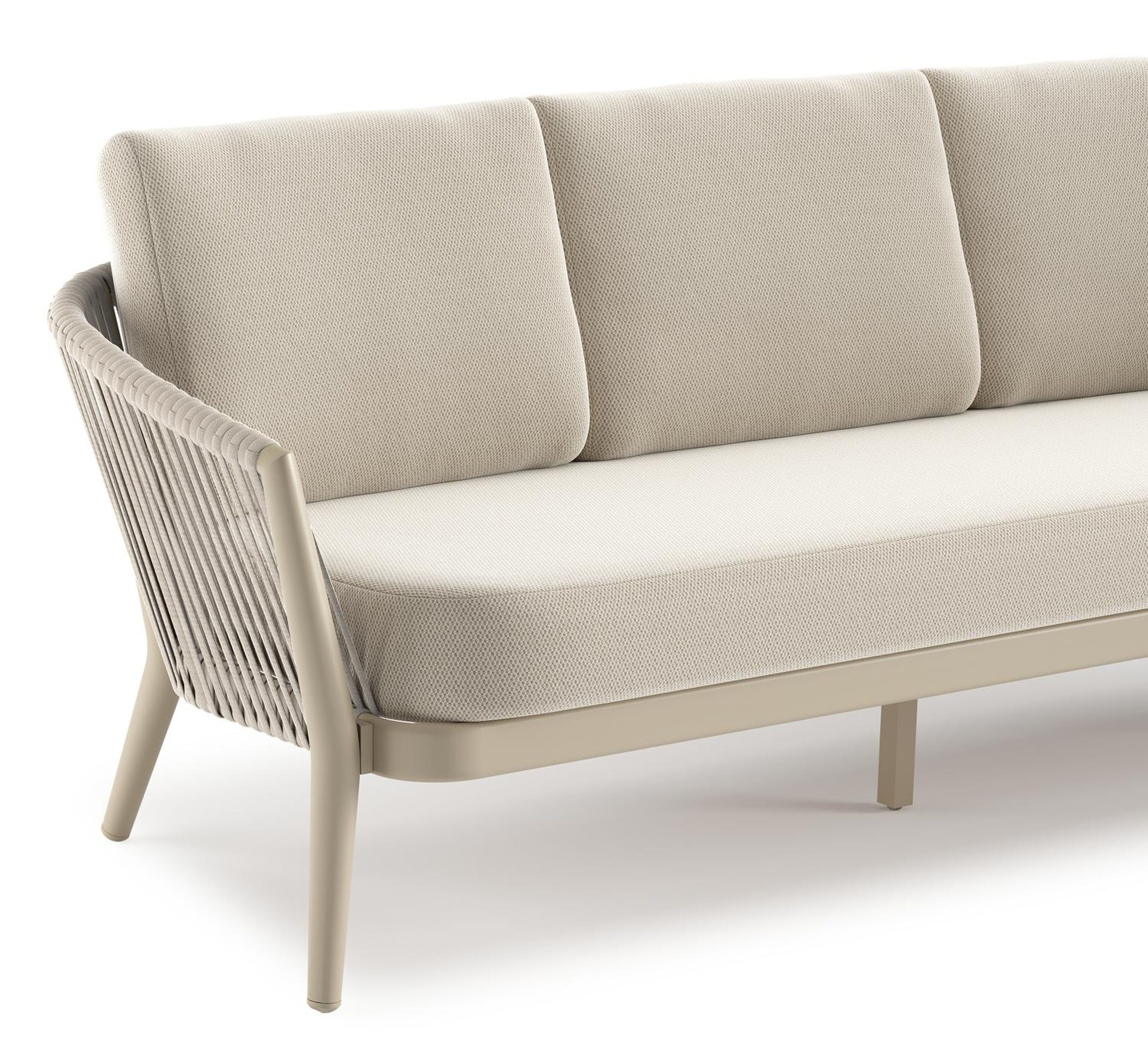 Salon de jardin Orso en aluminium beige en corde luxe plate tissée verticalement beige et coussins en all weather sunbrella® luxe Lopi Marble