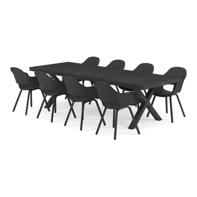 Reza tuinset in zwart aluminium en zwart volkeramiek tafelblad met 8 Artena tuinstoelen