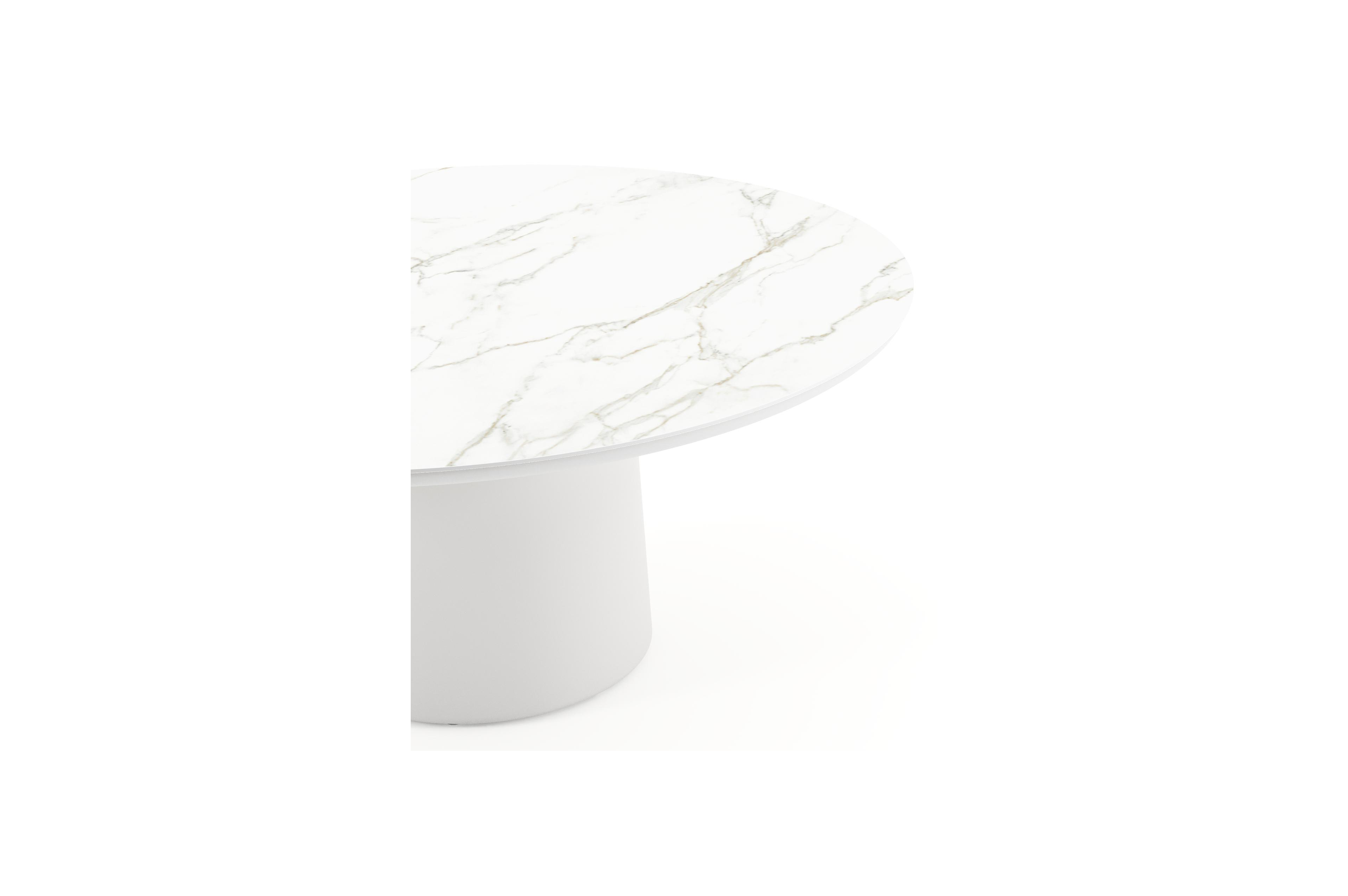 Table de jardin low dining Amico rond en aluminium blanc et céramique pleine Calacatta - Diam. 148 x Haut. 61 cm