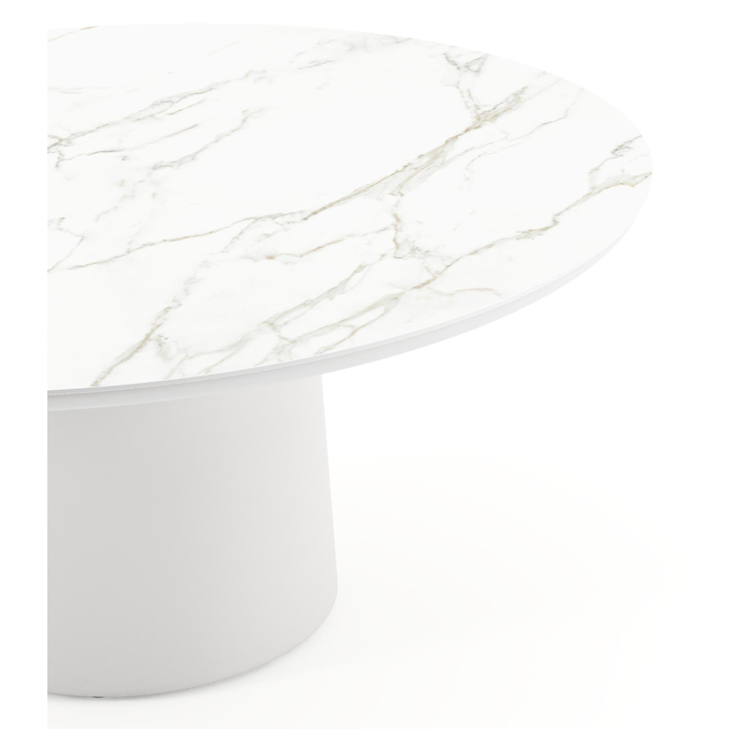 Amico low dining tuintafel rond in wit aluminium en volkeramiek Calacatta - Dia. 148 x H 61 cm