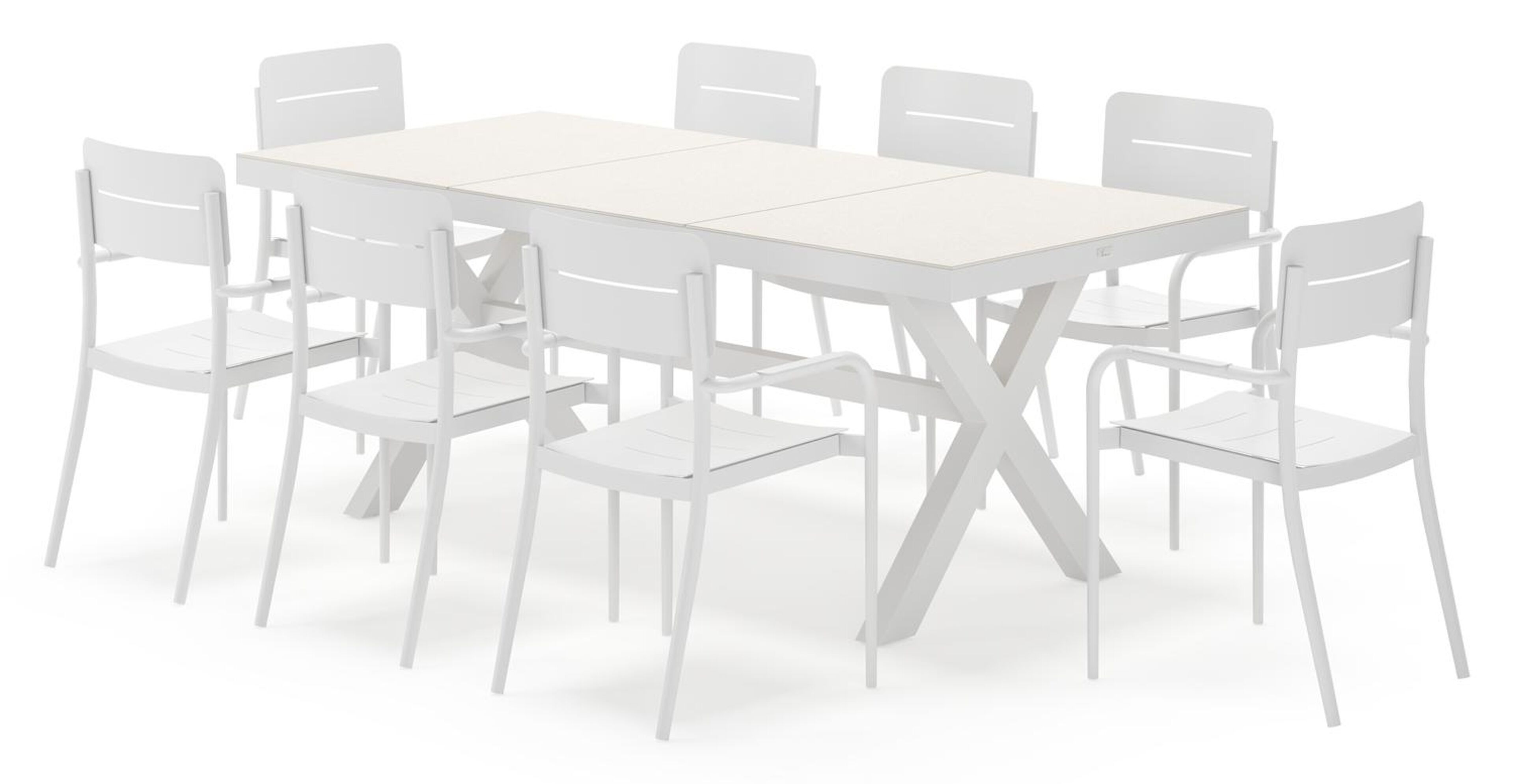 Bahia tuinset rechthoekig in wit aluminium en sintered stone beige met 8 Salto tuinstoelen