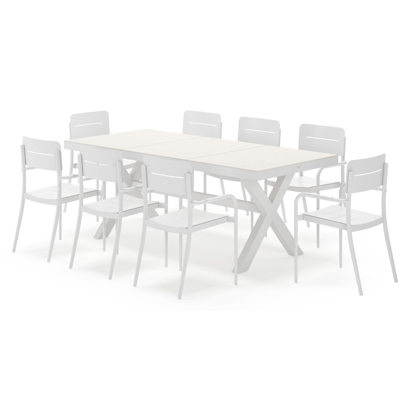 Bahia tuinset rechthoekig in wit aluminium en sintered stone beige met 8 Salto tuinstoelen