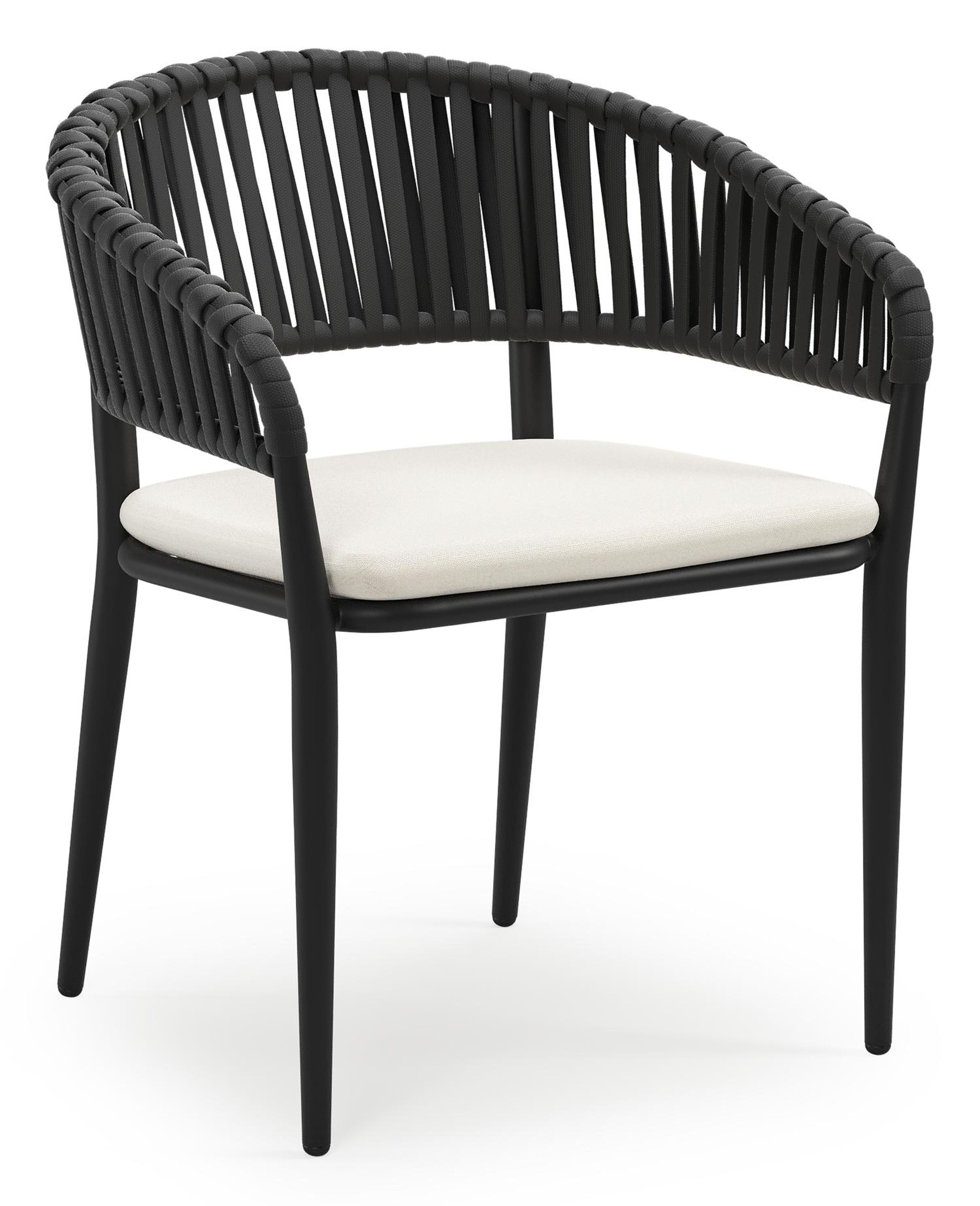 Tolfa stapelbare tuinstoel in zwart aluminium en zwart verticaal geweven luxe vlakke brede rope met stoelkussen in All Weather Sunbrella® Luxe Natte White