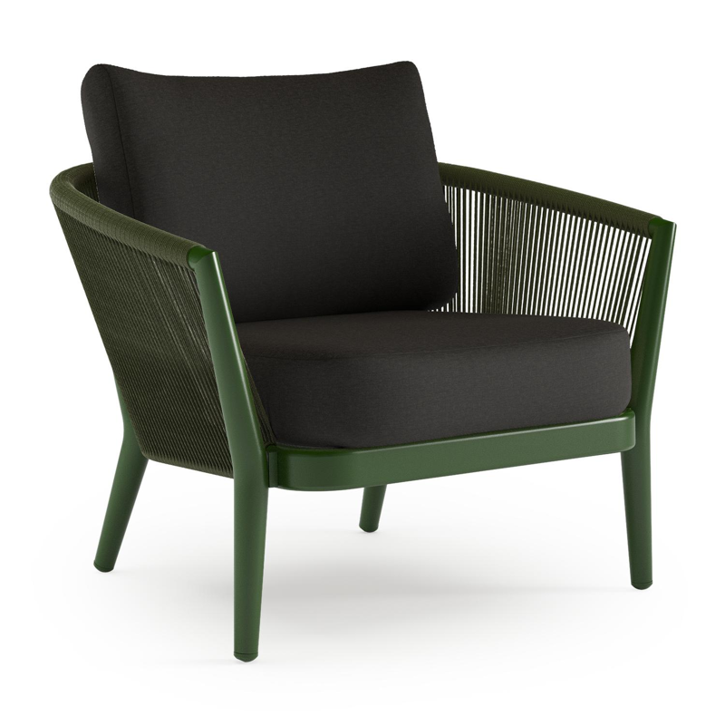 Orso loungestoel in groen aluminium en groen verticaal geweven ronde rope met Heritage Char all weather sunbrella® luxe kussen