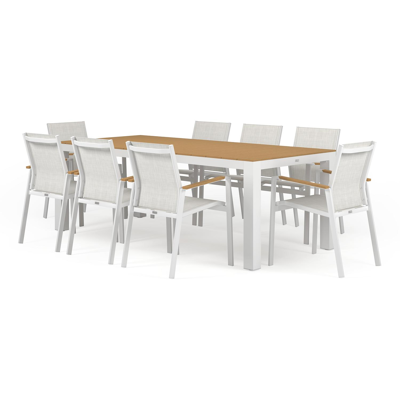 Calzo tuinset in wit aluminium en polywood tafelblad met 8 stapelbare Bahia tuinstoelen