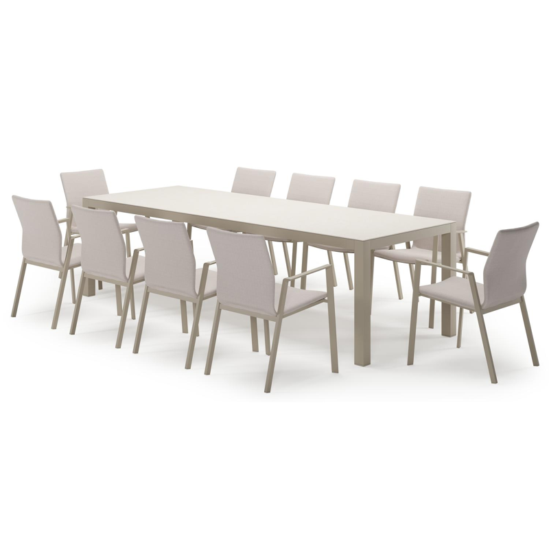 Varese rechthoekige tuinset in beige aluminium en sintered stone crema minerale met 10 Madura tuinstoelen