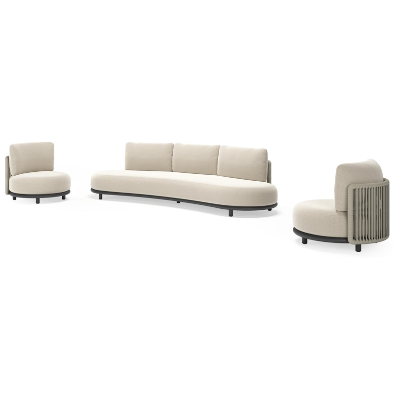 Lomano loungeset in zwart aluminium en beige verticaal geweven luxe vlakke rope met Lopi Marble all weather sunbrella® luxe