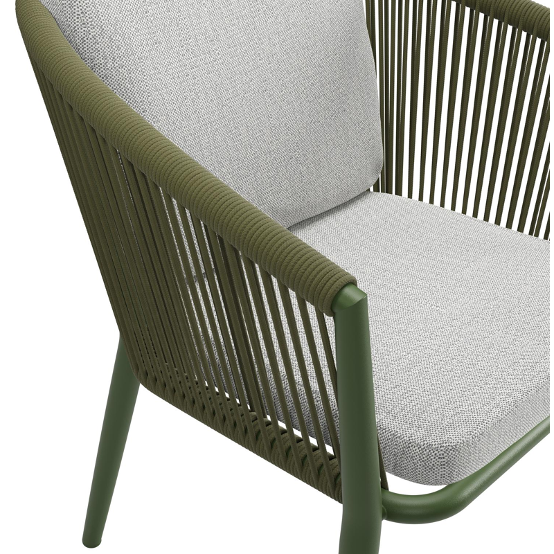 Orso tuinstoel in groen aluminium en groen verticaal geweven ronde rope met luxe zitkussen in All Weather Sunbrella® Luxe Savane Nimbus