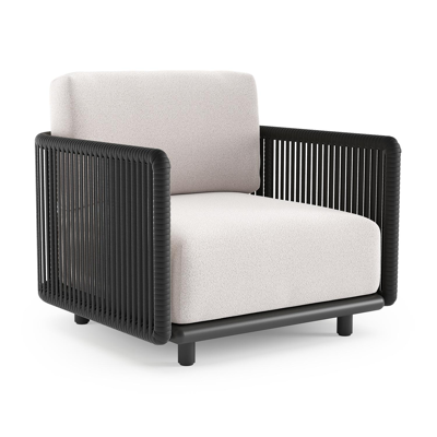 Organo loungestoel in zwart aluminium en zwart verticaal geweven luxe vlakke rope met ego eggshell all weather Solica kussen