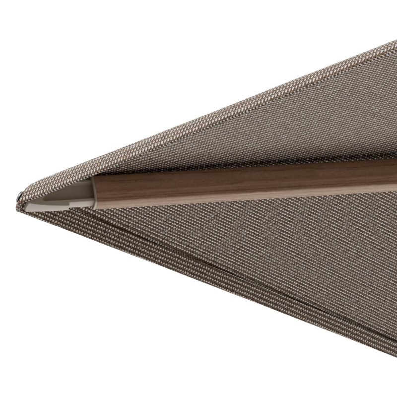Parasol pendant Minore avec fonction tilt en aluminium aspect de bois et toile de parasol All Weather Solica Firenze Earth - Lg.1 400 x Lg.2 300 cm avec pied de parasol Minore 260 kg avec roulettes