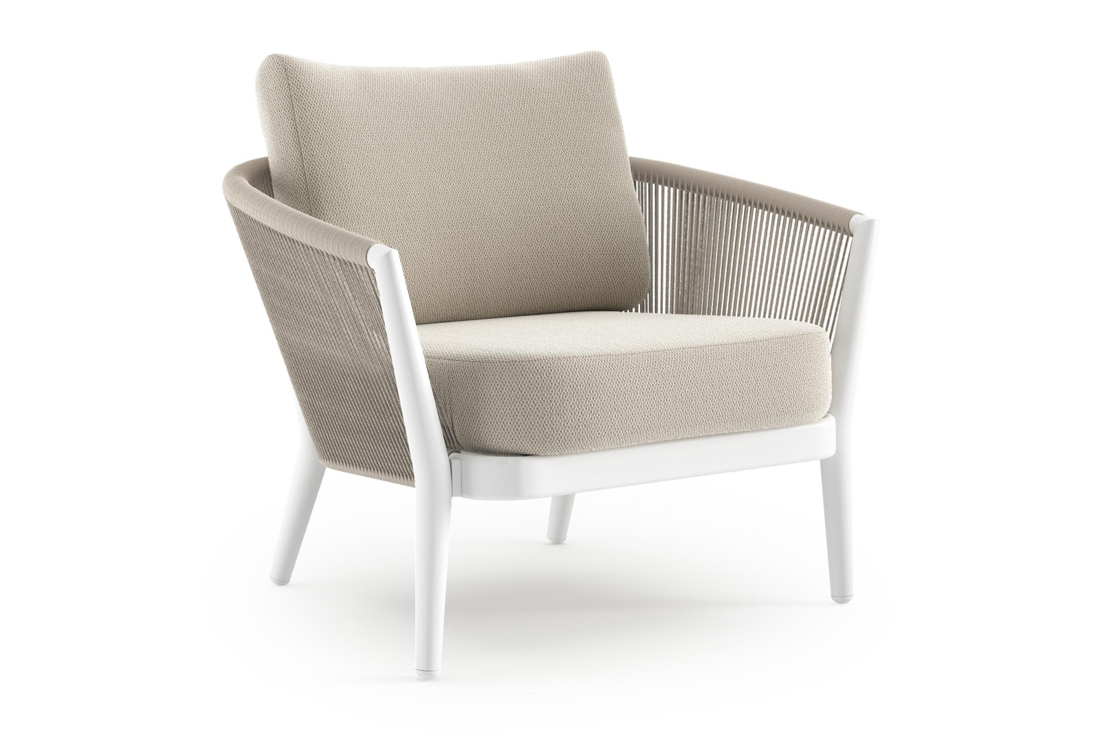 Orso loungestoel in wit aluminium en beige verticaal geweven ronde rope met Lopi Marble all weather sunbrella® luxe kussen