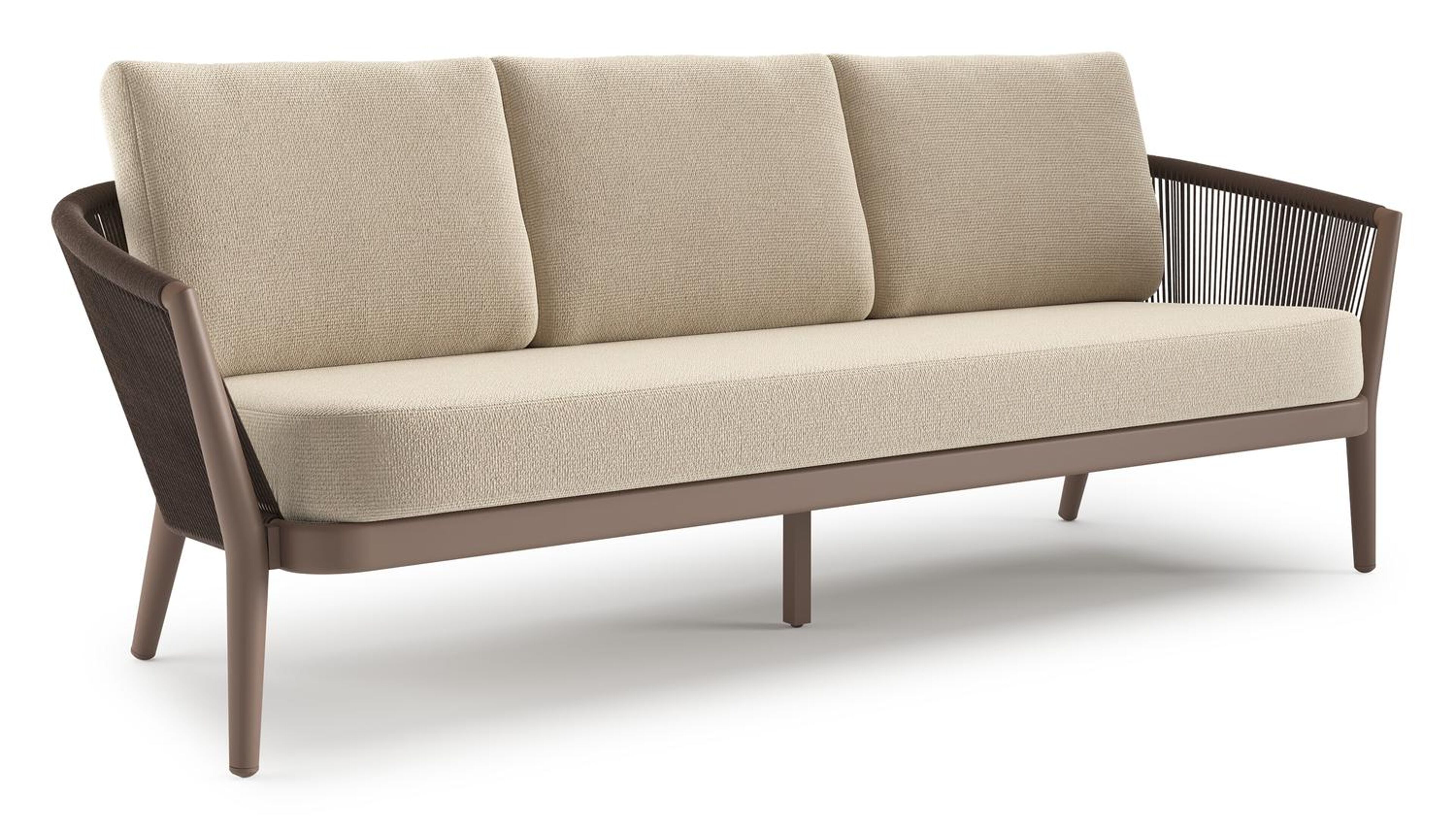 Canapé de jardin Orso en aluminium taupe en corde ronde tissée verticalement noir et coussins en all weather cosytica Althea Chalk