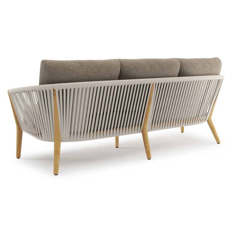 Orso loungebank in teak en beige verticaal geweven luxe vlakke rope met Madagascar Burch all weather cosytica kussen
