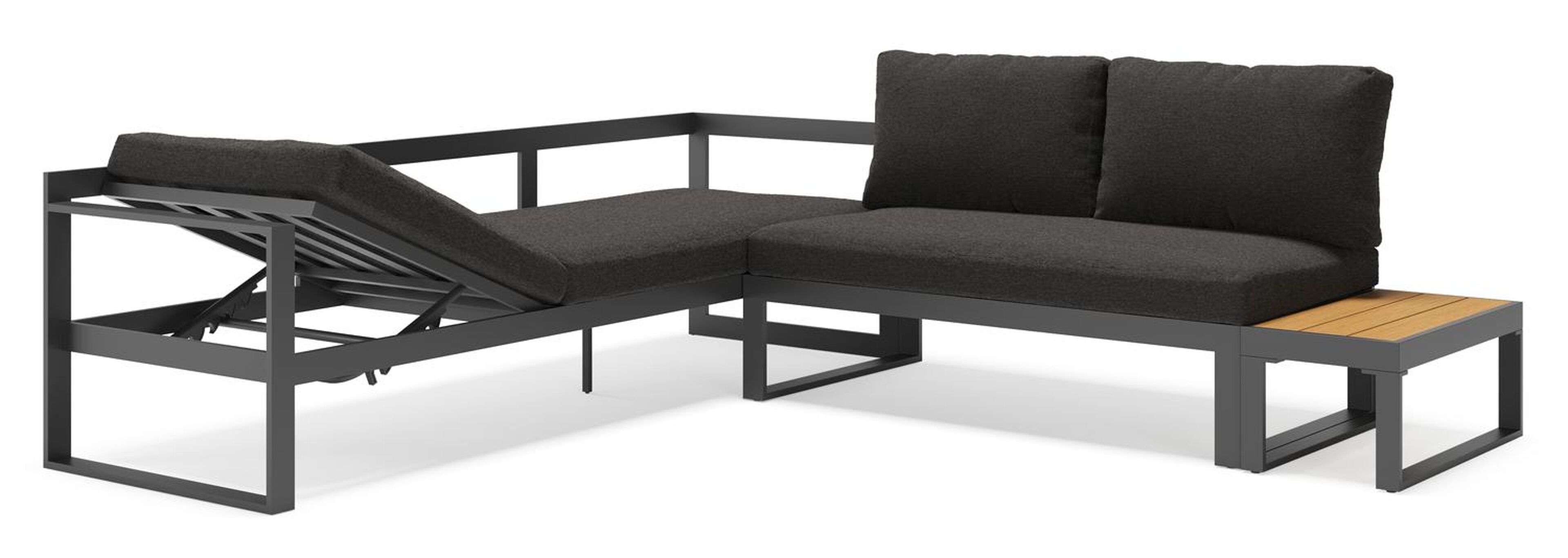 Caldela loungehoek in zwart aluminium en polywood met zwart weather+ softtouch kussens