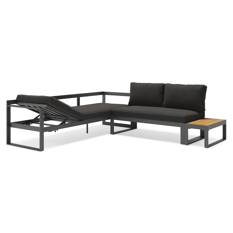 Caldela loungehoek in zwart aluminium en polywood met zwart weather+ softtouch kussens