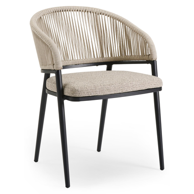 Lacrima tuinstoel in zwart aluminium en beige verticaal geweven ronde rope met kussen in catania beige All Weather Cosytica
