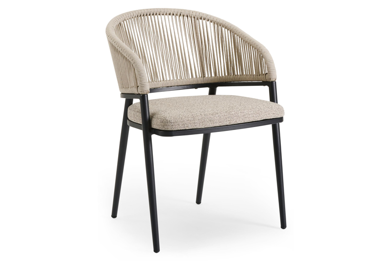 Lacrima tuinstoel in zwart aluminium en beige verticaal geweven ronde rope met kussen in catania beige All Weather Cosytica